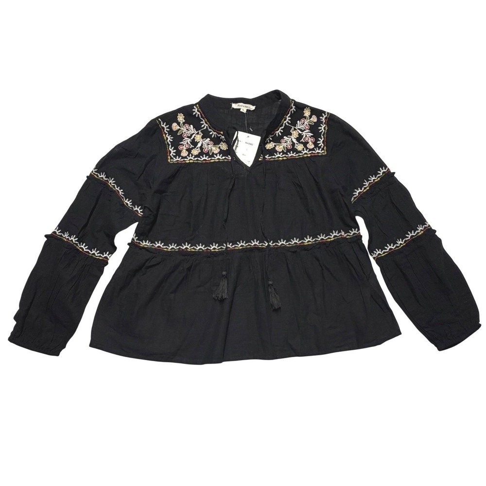 Rebellion Again Peasant Blouse Black Embroidered Cotton Boho Top Womens L NEW - Picture 2 of 11